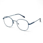 Armação de óculos redonda em metal azul, estilo moderno para ótica, com lentes transparentes e hastes ajustáveis.