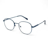 Armação de óculos redonda em metal azul, estilo moderno para ótica, com lentes transparentes e hastes ajustáveis.
