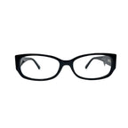 Armação de óculos preta com design moderno e lentes transparentes, ideal para ótica e visão
