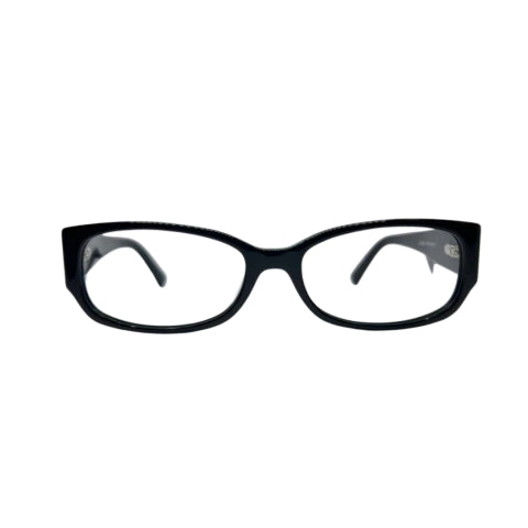 Armação de óculos preta com design moderno e lentes transparentes, ideal para ótica e visão