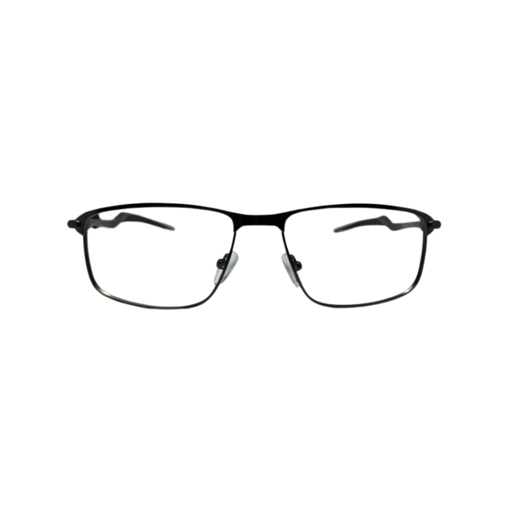 Armação de óculos retangular preta, estilo moderno para grau, com hastes finas e design minimalista.