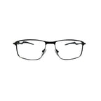 Armação de óculos retangular preta, estilo moderno para grau, com hastes finas e design minimalista.