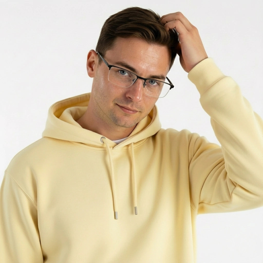 Homem usando óculos de grau com armação preta e moletom amarelo, estilo casual moderno