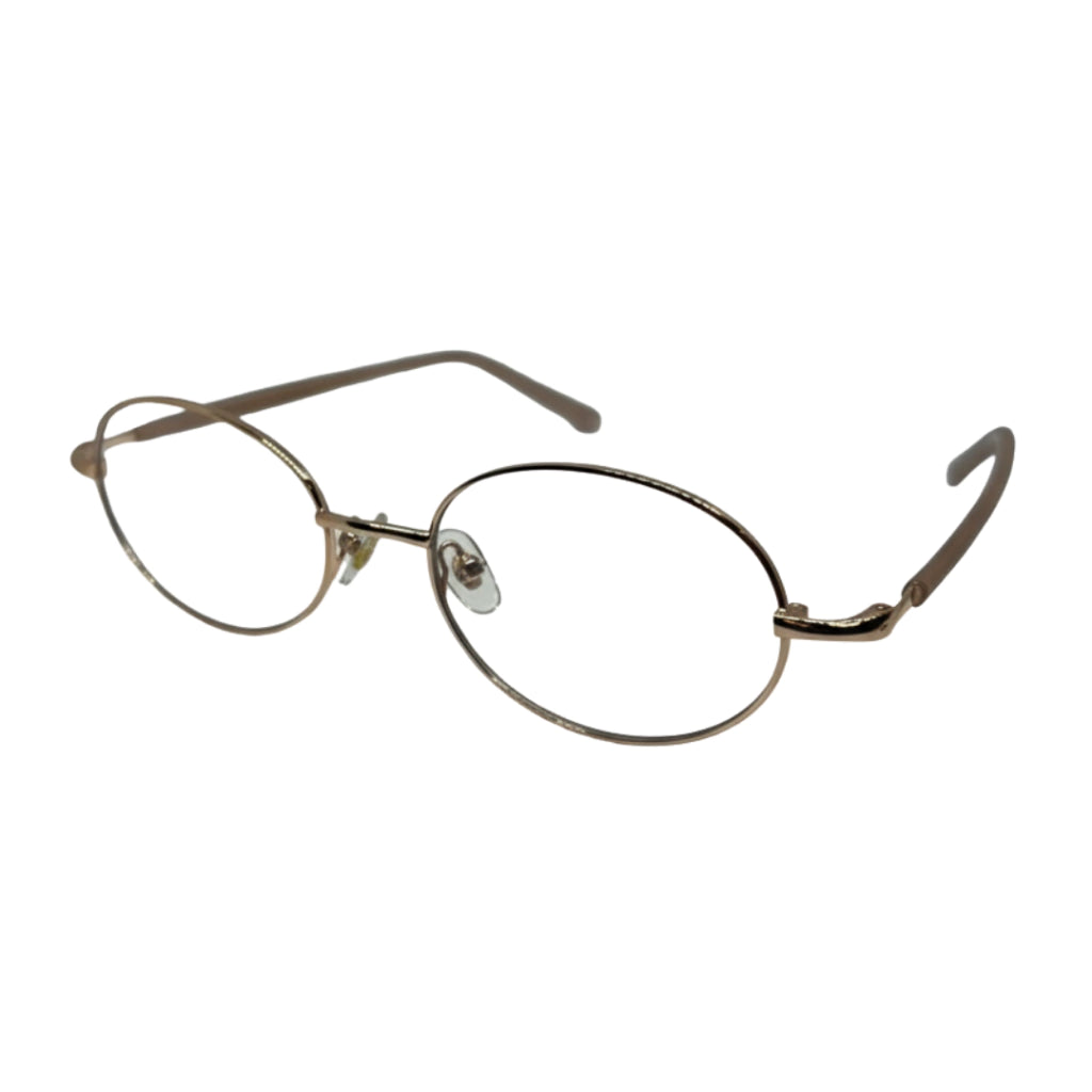 Armação de óculos oval dourada com hastes finas, estilo clássico e elegante para uso diário.