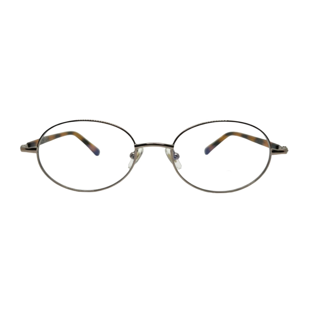 Óculos de grau oval com armação metálica e hastes estampadas, design clássico para uso diário.