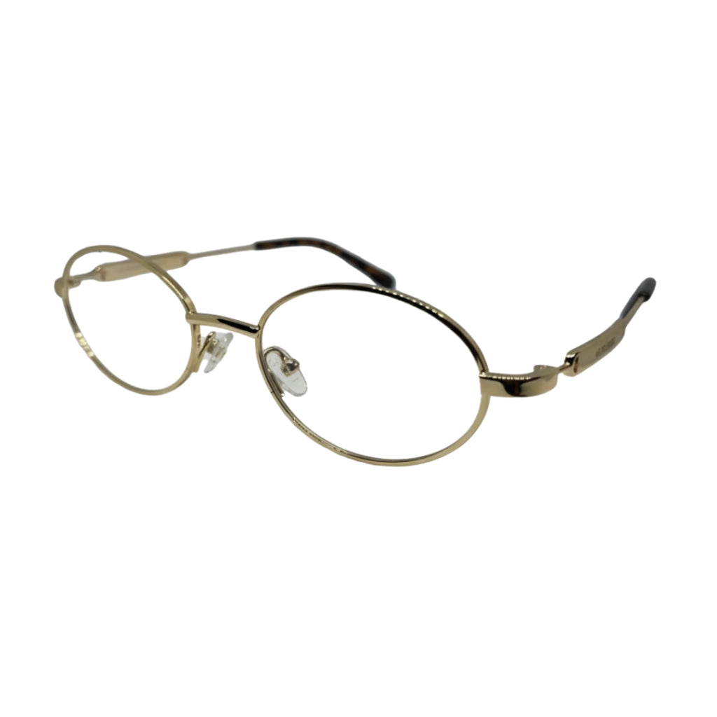 Armação de óculos oval dourada com hastes em tom de tartaruga, estilo clássico e elegante para ótica.