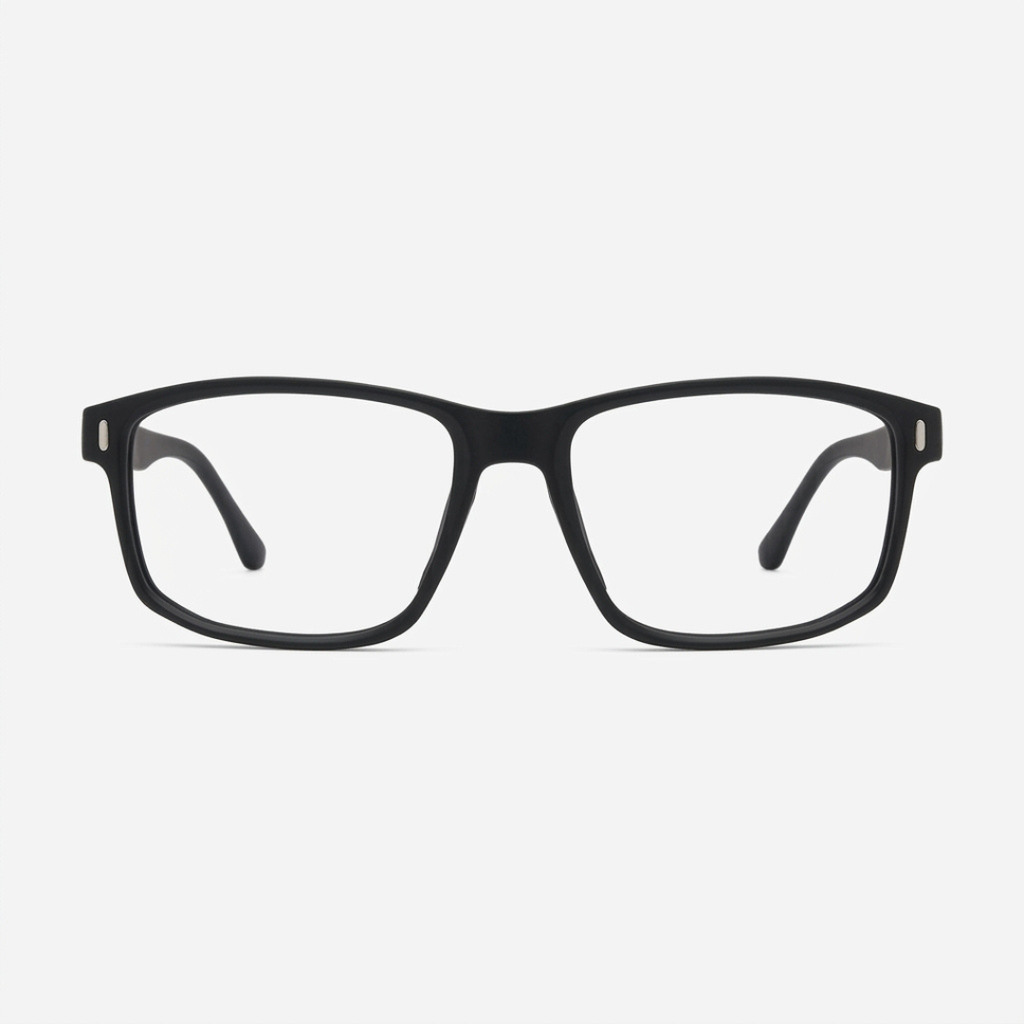 Armação de óculos preta retangular, estilo moderno para grau, com lentes transparentes e design minimalista
