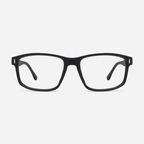 Armação de óculos preta retangular, estilo moderno para grau, com lentes transparentes e design minimalista