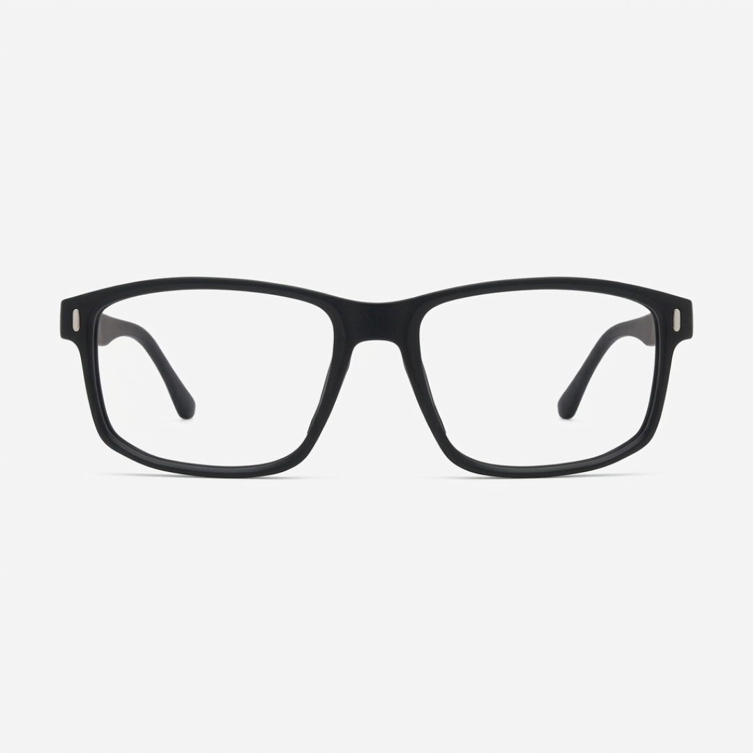 Armação de óculos preta retangular, estilo moderno para grau, com lentes transparentes e design minimalista