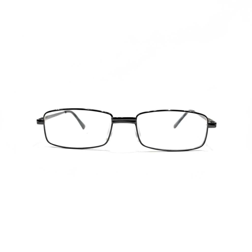 Armação de óculos retangular preta com lentes transparentes, design moderno para uso diário