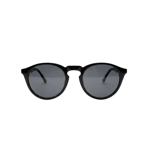 Óculos de sol redondos preto com lentes escuras, design moderno e elegante para uso diário.