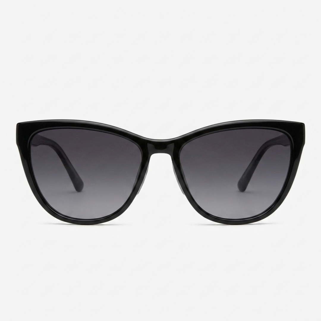 Óculos de sol feminino estilo gatinho com armação preta e lentes escuras gradiente