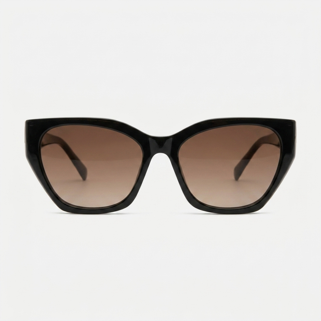 Óculos de sol feminino com armação preta e lentes marrom gradiente, estilo gatinho moderno