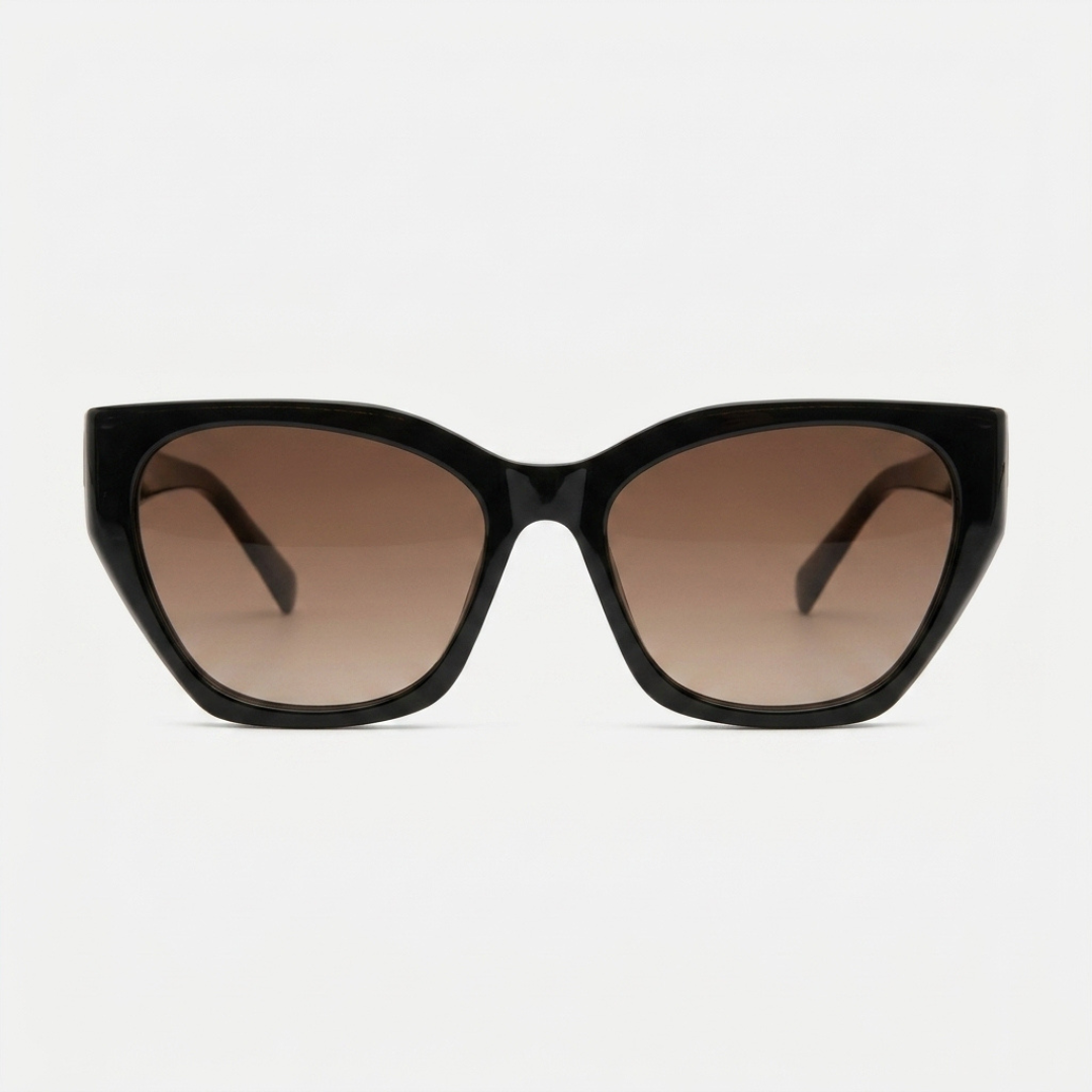 Óculos de sol feminino com armação preta e lentes marrom gradiente, estilo gatinho moderno