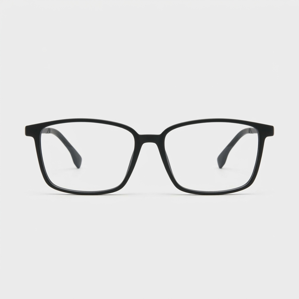 Armação de óculos retangular preta, modelo moderno para grau, design minimalista e elegante.