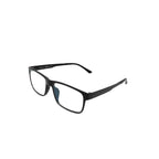 Armação de óculos preta retangular com lentes transparentes, design moderno para uso diário